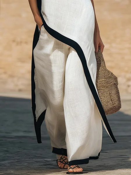 

Cotton And Linen Casual Color Block Straight Pants, White, Pants