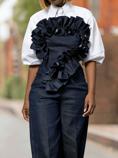 Urban Plain Peplum Cold Shoulder Denim Top Does Not Include Shirt, Denim blue, Tops