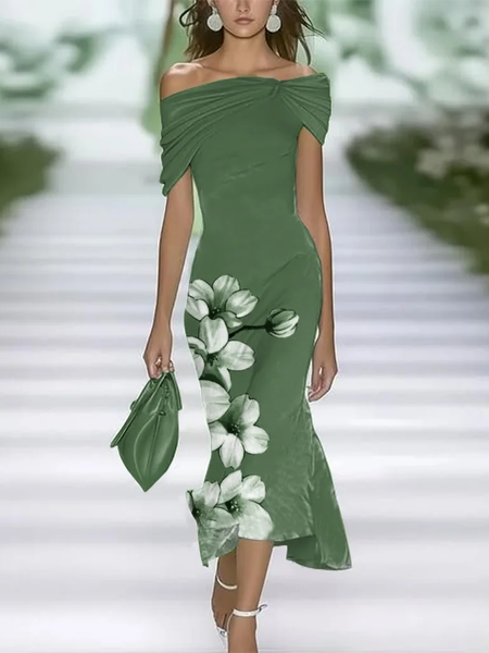 

Women Floral Cap Sleeve Cold Shoulder Printing Dress Daily Vintage Maxi H-Line Summer Dress, Green, Casual Dresses