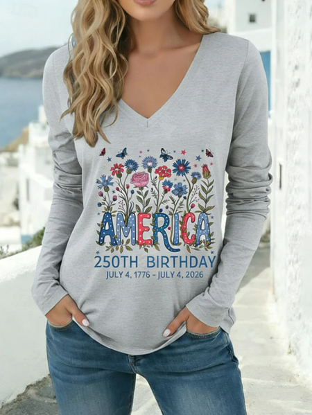 

Women Floral Long Sleeve Tee T-shirt V Neck Printing Casual Graphic Tee Spring/Fall Top, Gray, T-Shirts