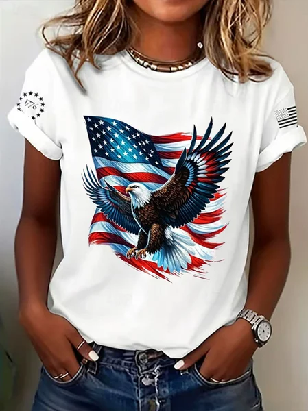 

Women Eagle Old Glory Short Sleeve Tee T-shirt Crew Neck Printing Casual Graphic Tee Summer Top, White, T-Shirts