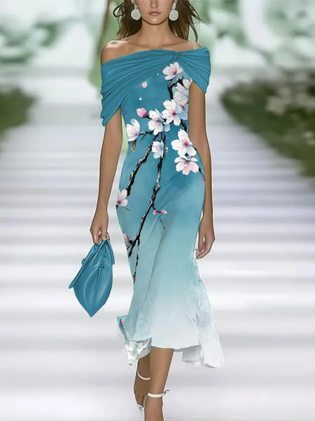

Women Floral Cap Sleeve Cold Shoulder Printing Dress Daily Vintage Maxi H-Line Summer Dress, Cyan, Casual Dresses