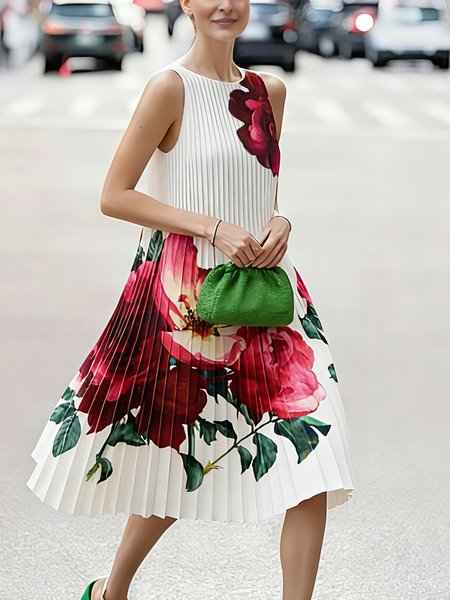 

Elegant Floral Printing Crew Neck Midi Dress, As picture, Midi Dresses