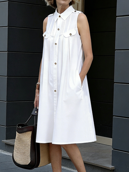 

Urban Plain Shirt Collar Knee Length Dress, White, Midi Dresses