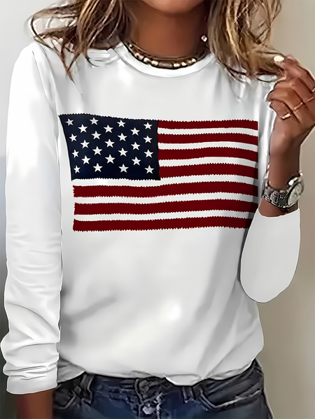 

Women America Flag Long Sleeve Tee T-shirt Crew Neck Printing Casual Graphic Tee Spring/Fall Top, White, T-Shirts