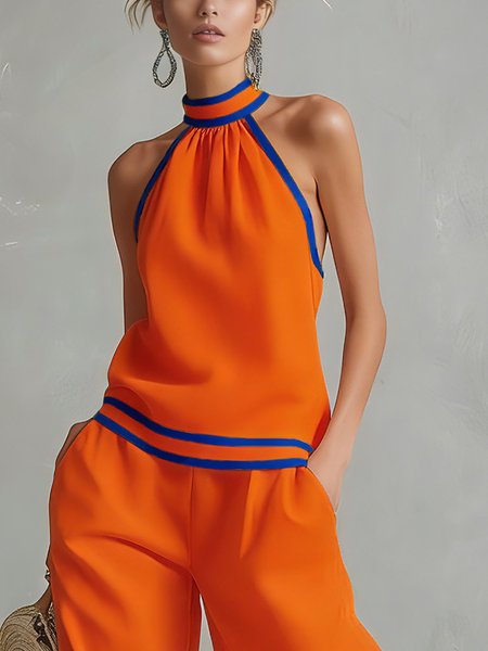 

Casual Color Block Split Joint Halter Tank Top, Orange, Tanks and Camis