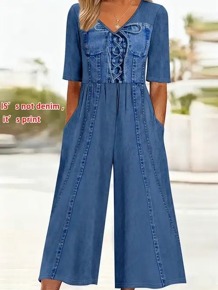 Women Faux Denim Print Graphic V Neck Half Sleeve Vintage Summer Jumpsuit