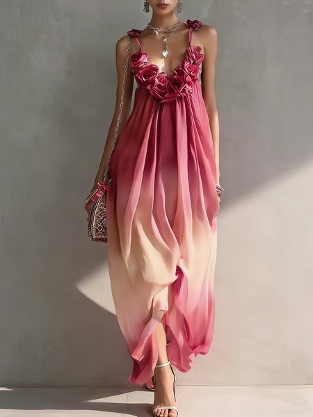 

Vacation Ombre Printing V Neck Maxi Dress, Pink, Maxi Dresses