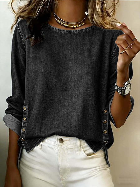 

Vintage Plain Crew Neck Long Sleeve T-shirt, Black, Blouses
