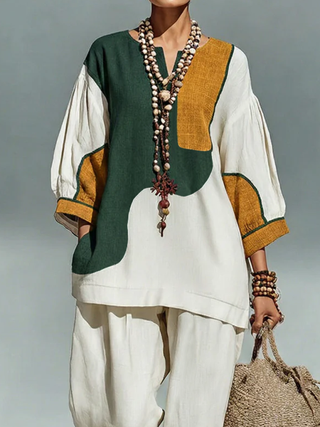 Casual Colorblock Crew Neck Blouse