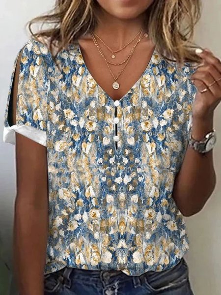 Elegant Random Print V Neck Short Sleeve T-shirt