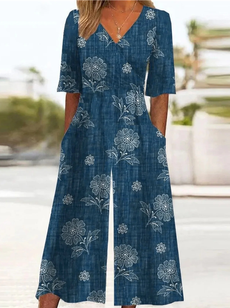 Women 3D Printing V Neck Half Sleeve Vintage Summer Jumpsuit