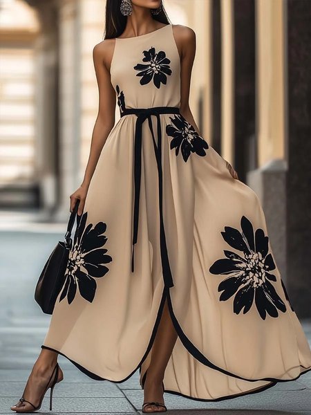 

Elegant Floral Printing Crew Neck Maxi Dress With Belt, Light khaki, Maxi Dresses