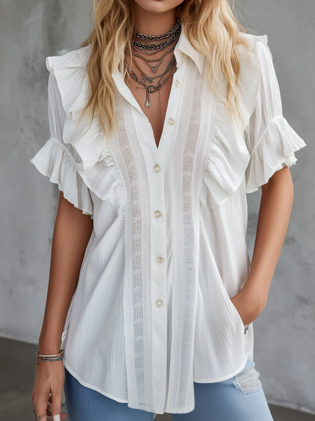 

Urban Plain Split Joint Shirt Collar Shirt, White, Blouses and Shirts