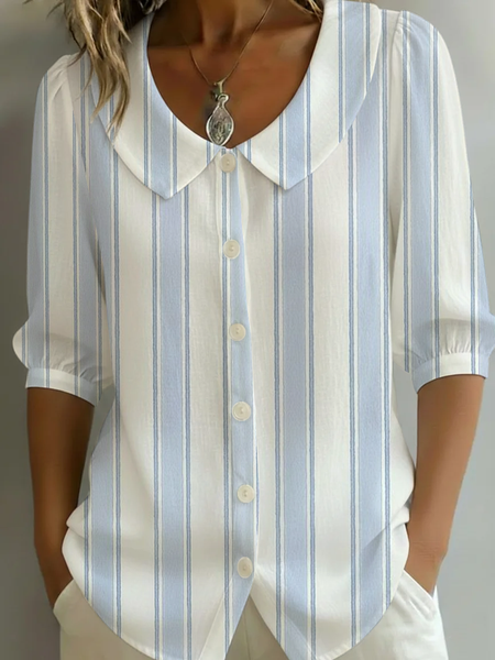 

Shawl Collar Half Sleeve Striped Printing Regular Micro-Elasticity Regular Fit Shirt For Women, Blue, Shirts