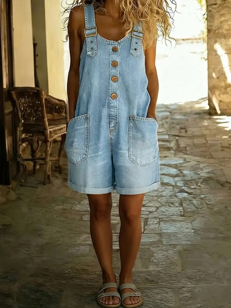 

Women Plain V Neck Sleeveless Vintage Summer Jumpsuit, Light blue, Jumpsuits&Rompers