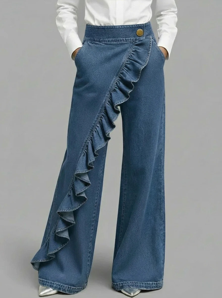 Denim Look Vintage Irregular Ruffle Long Pants High Waist Casual Jeans
