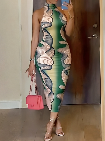 

Elegant Random Print Mock Neck Midi Dress, As picture, Maxi Dresses