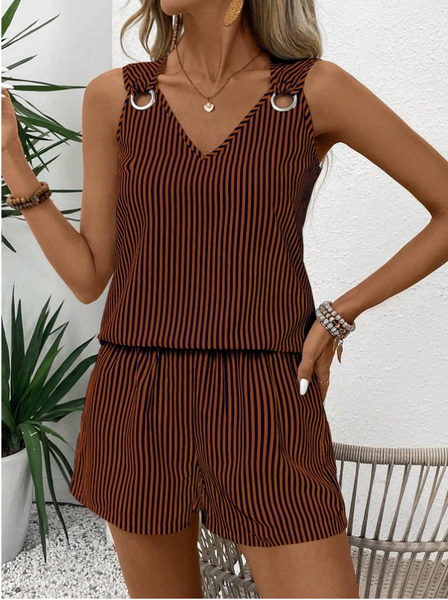 Women Striped Two-Piece Set Daily Sleeveless Casual Summer Short Sets Matching Set