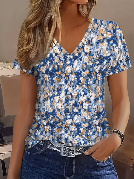 

Elegant Random Print V Neck Short Sleeve T-shirt, Blue, T-shirts