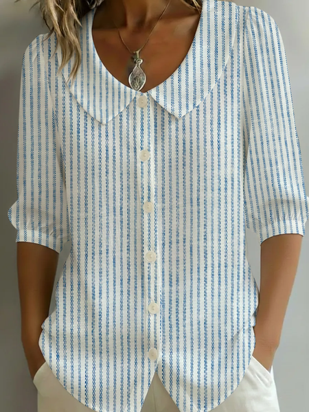 Shawl Collar Half Sleeve Striped Printing Regular Micro-Elasticity Regular Fit Shirt For Women