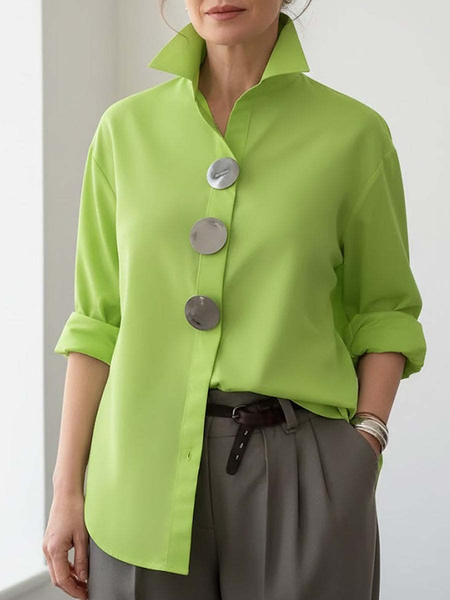 

Shirt Collar Long Sleeve Plain Regular Loose Shirt For Women, Fluorescent green, Shirts