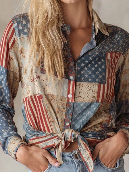 Shirt Collar Long Sleeve Floral Regular Loose Shirt For Women