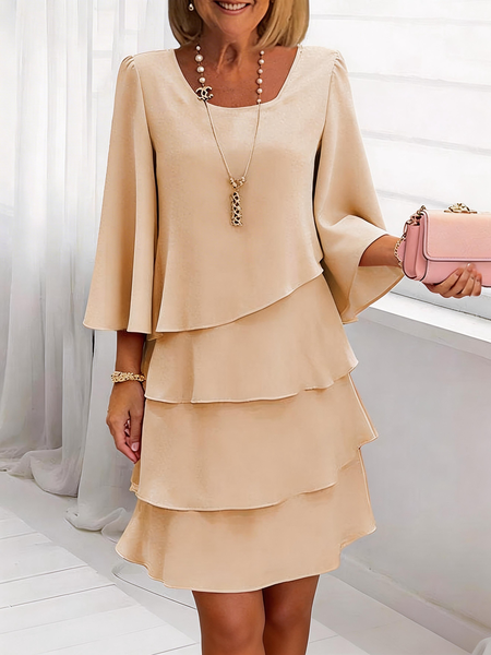 

Women Plain Spring/Fall Dress Crew Neck Three Quarter Sleeve A-Line Dress, Khaki, Dresses