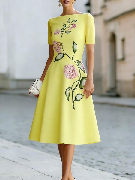 

Elegant Floral Printing Boat Neck Midi Dress, Yellow, Midi Dresses