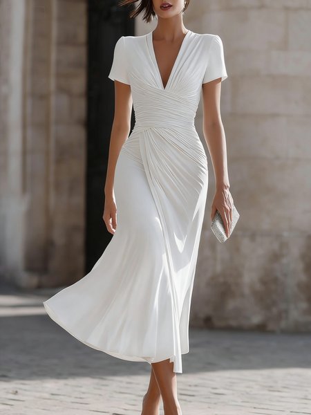 

Elegant Plain Gathered V Neck Midi Dress, White, Maxi Dresses