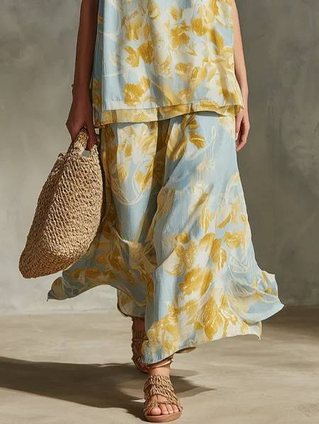 

Vacation Printing Floral Maxi Skirt, Blue, Skirts
