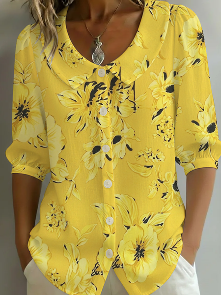 Shawl Collar Half Sleeve Floral Printing Regular Micro-Elasticity Regular Fit Shirt For Women