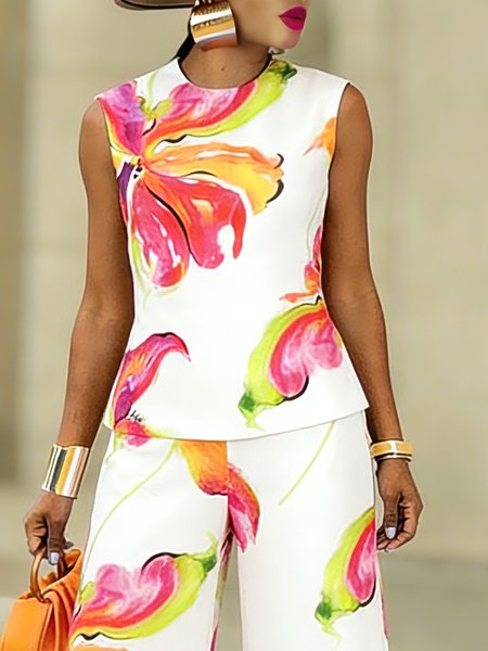 

Vacation Floral Printing Crew Neck Tank Top, As picture, Tanks and Camis