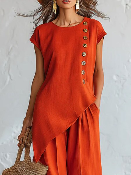 Cotton And Linen Casual Plain Buttoned Crew Neck  Blouse