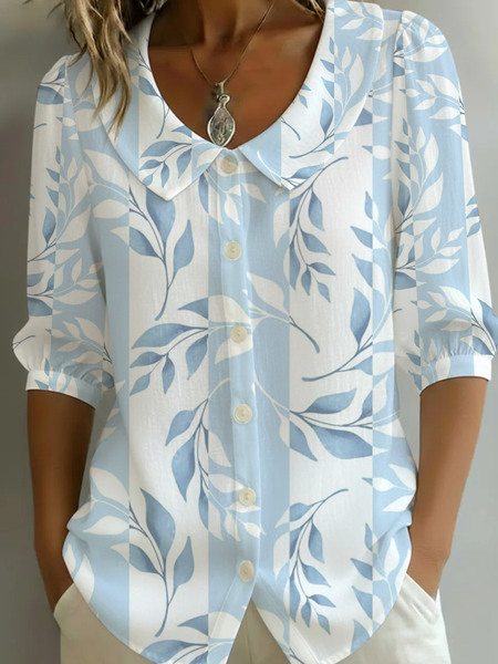 

Women Floral Shawl Collar Half Sleeve Shirt Printing Casual Daily Summer Top, Blue, Shirts