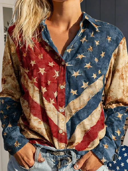 Shirt Collar Long Sleeve 3D Printing Regular Loose Shirt For Women