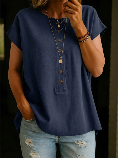Crew Neck Short Sleeve Plain Regular Loose Blouse For Women