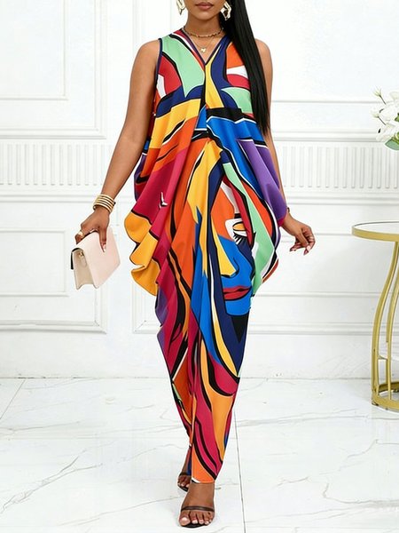 

Urban Abstract Printing V Neck Maxi Dress, As picture, Maxi Dresses