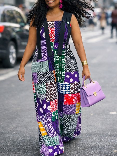 Vacation Printing Ethnic Square Neck Overall Jumpsuit