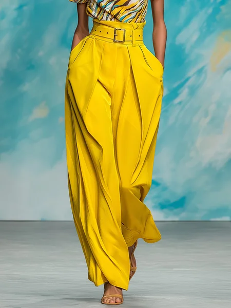 

Urban Plain Wide Leg Pants With Belt, Yellow, Pants