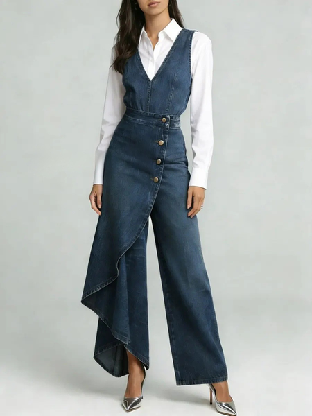 Women Plain V Neck Sleeveless Vintage Summer Jumpsuit