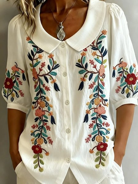 

Shawl Collar Half Sleeve Floral Regular Loose Shirt For Women, White, Shirts