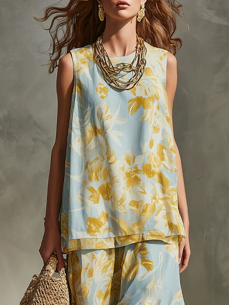 

Vacation Floral Printing Crew Neck Blouse, Blue, Blouses and Shirts