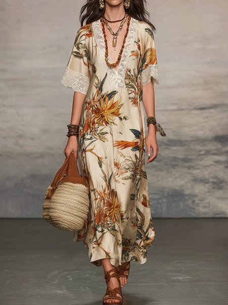 

Vacation Floral Printing Lace Edge V Neck Maxi Dress, As picture, Maxi Dresses