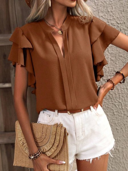 

Ruffle Sleeve Cap Sleeve Plain Regular Loose Shirt For Women, Caramel, Shirts
