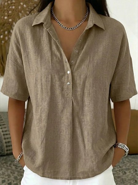 

Short Sleeve Plain Regular Loose Shirt For Women, Khaki, Blouses