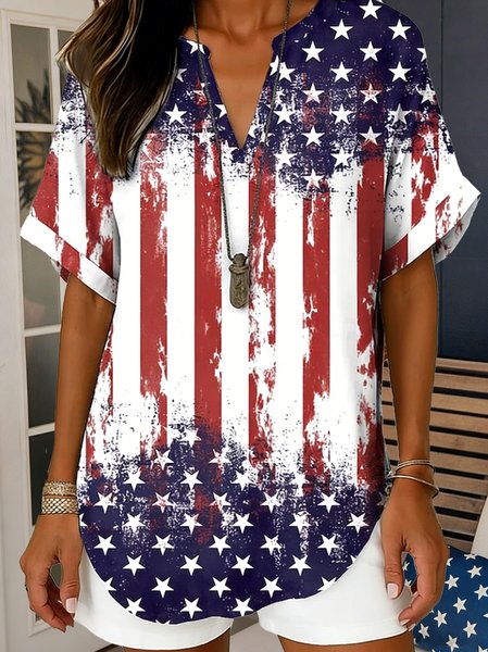 V Neck Short Sleeve 3D Printing Regular Loose Shirt For Women