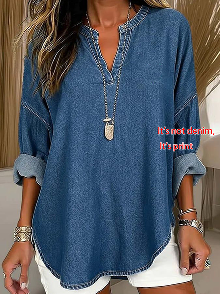 

V Neck Long Sleeve Faux Denim Print Graphic Printing Regular Loose Blouse For Women, Blue, Blouses