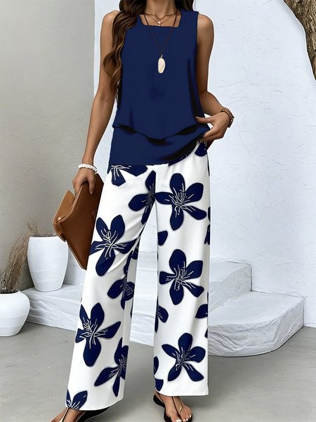 Women Floral Two-Piece Set Daily Sleeveless Casual Summer Top With Pants Matching Set