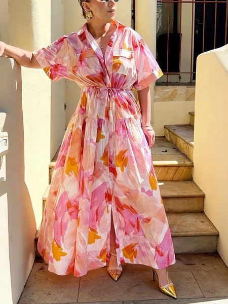 Vacation Floral Buttoned Shirt Collar Maxi Dress
